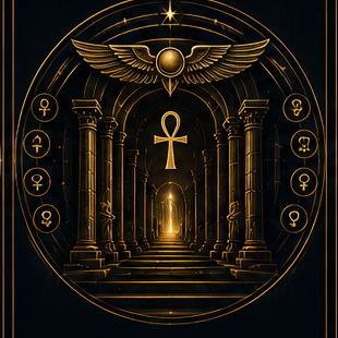 Halls of Amenti — a winged sun and ankh within a temple corridor