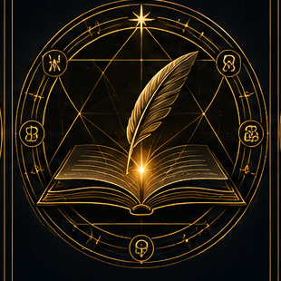 Metasophia — a quill and open book among alchemical sigils
